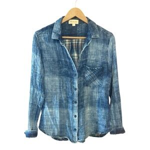 Cloth & Stone Double Plaid Button Down Anthropologie "Blue Multi" Colorway Sz  L